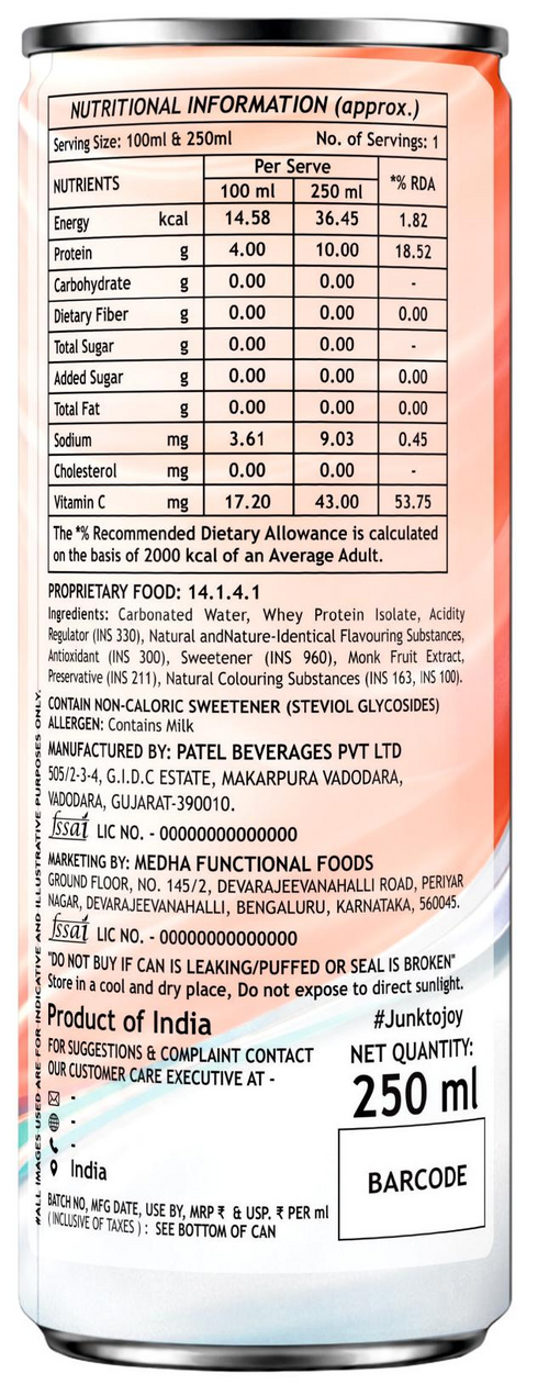 ProteinPop Peach Protein Soda 250ml – Nutrition Info Back of Can